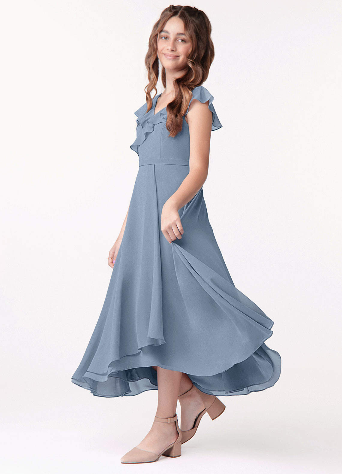 Azazie Posie Junior Dusty Blue A-Line Ruched Chiffon Dress image1