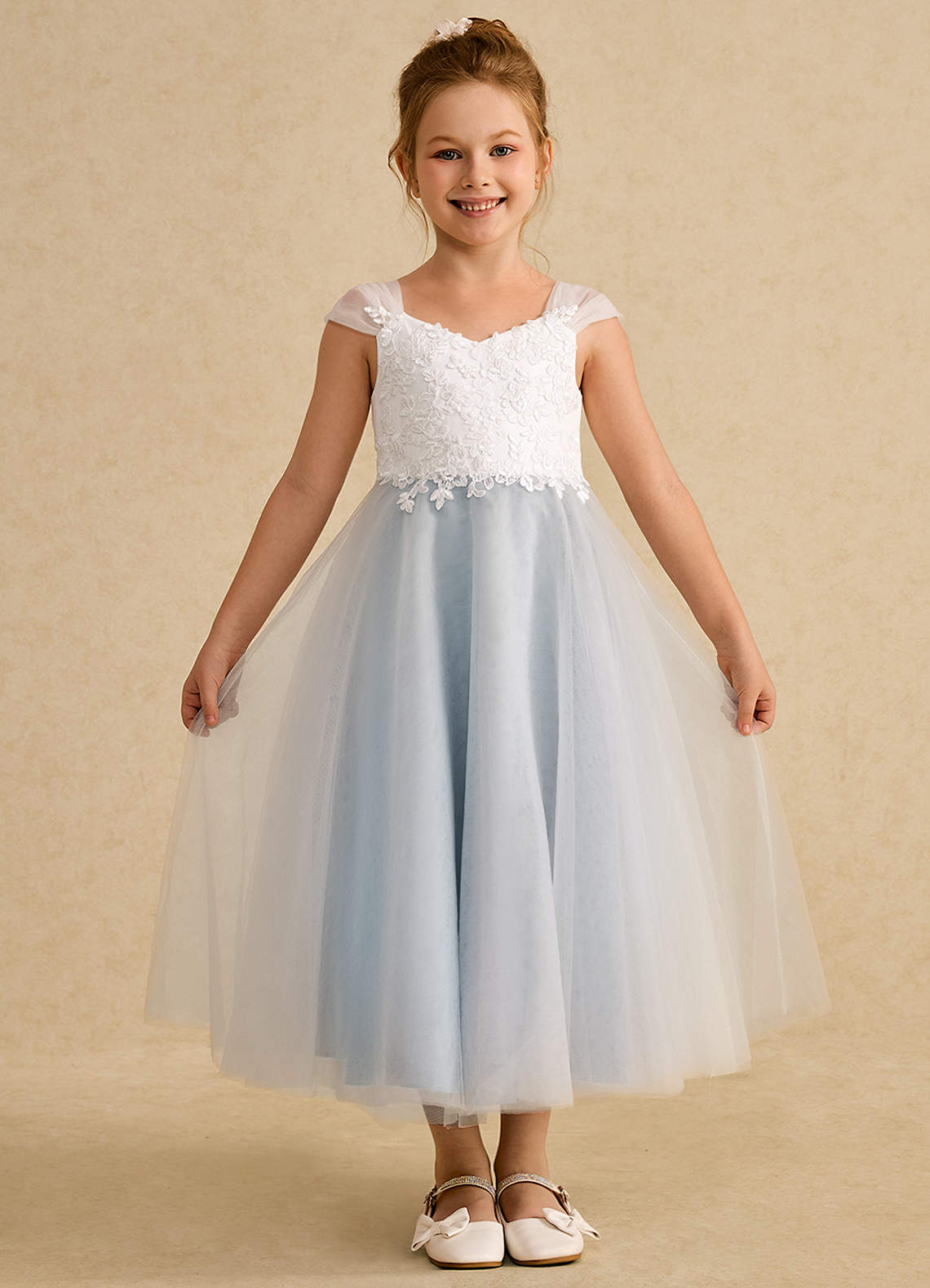 Azazie Momo Flower Girl Dresses Ivory Sky Blue A-Line Lace Dress image1