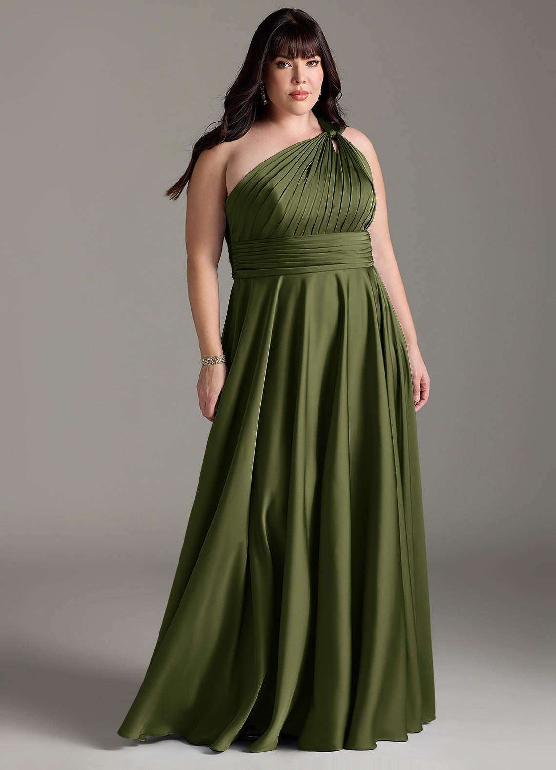 Azazie Charlize Bridesmaid Dresses Olive A-Line One Shoulder Stretch Satin Dress image8