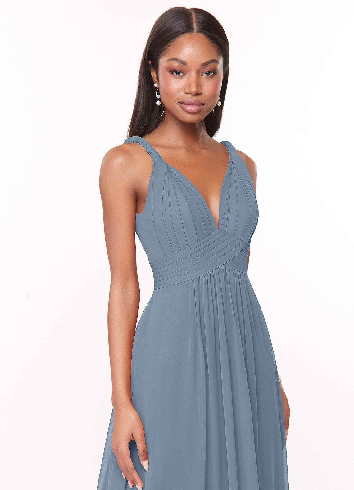 Azazie Maren Jurken voor bruidsmeisjes Jurk van Chiffon met A-Lijn Geplooid Stoffig Blauw image5