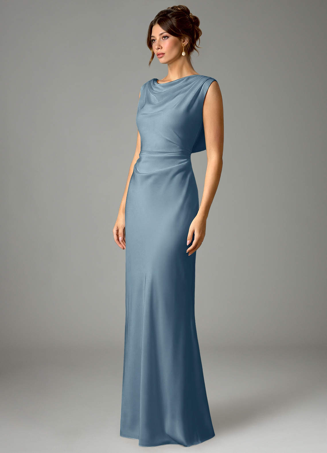 Azazie Kieryn Bridesmaid Dresses Dusty Blue Mermaid Pleated Stretch Satin Dress image4