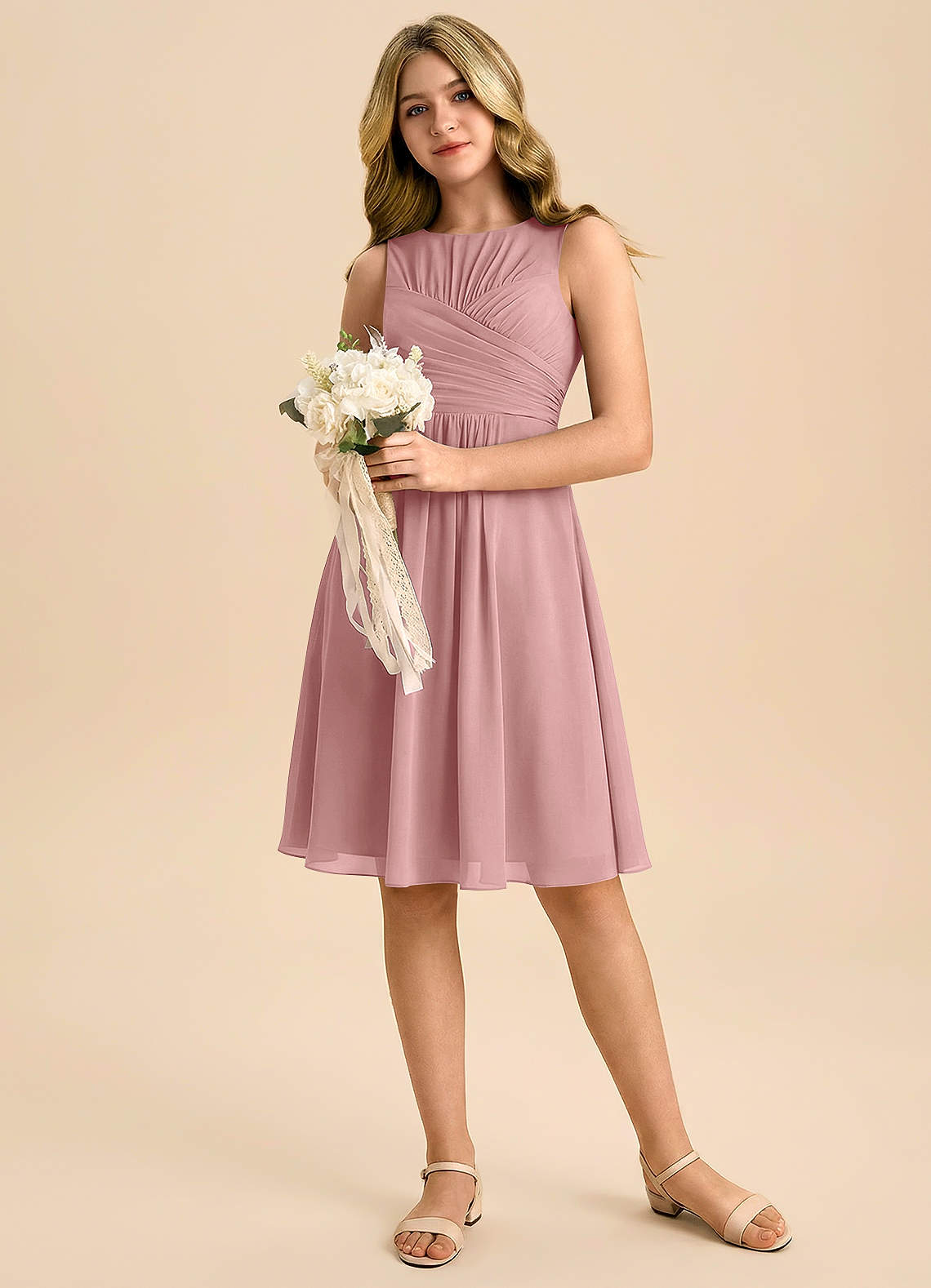 Azazie Skyla Junior Dusty Rose A-Line Pleated Chiffon Dress image4
