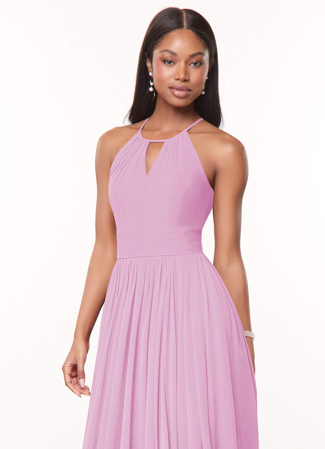 Azazie Cherish Vestidos de damas de honor Vestido de Rosa Caramelo de Gasa de Corte en A con Plisado image1