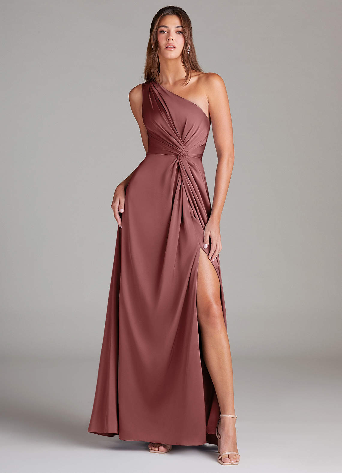 Azazie Brooke Bridesmaid Dresses Amethyst A-Line One Shoulder Stretch Satin Dress image1