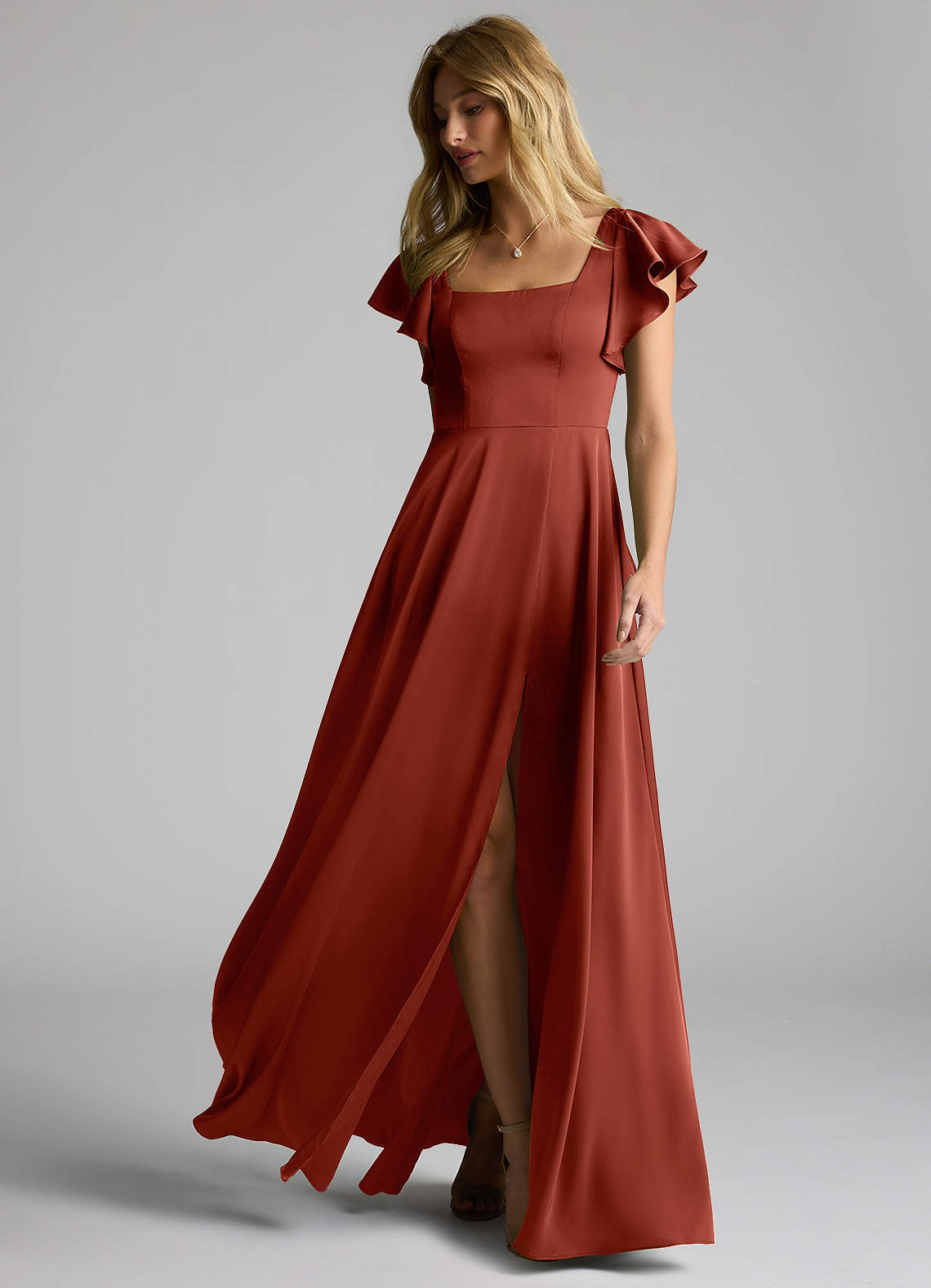 Azazie Bondi Vestidos de madrinha de casamento Vestir Terracota de Cetim elástico de Linha A com Arco image5