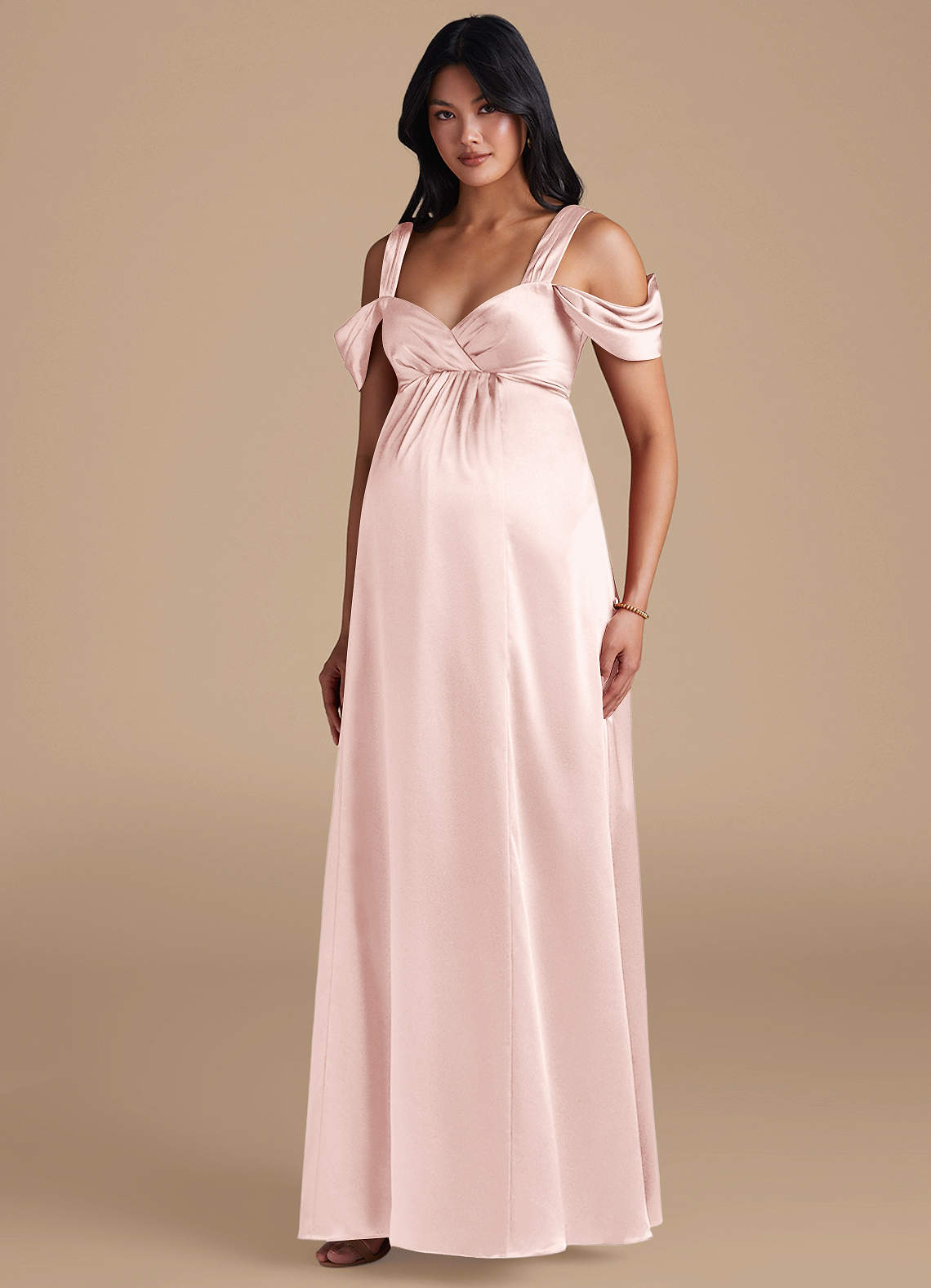 Azazie Rhea Maternity Bridesmaid Dresses A-Line Pleated Metallic Satin Floor-Length Dress image1