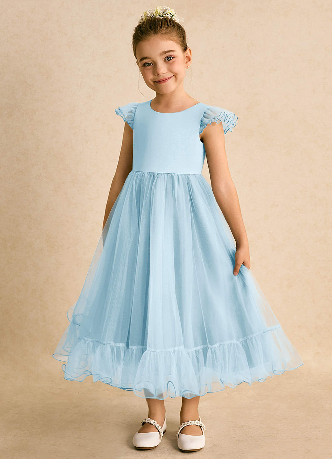 Azazie Phebs Robe Demoiselle D'honneur Fillette Robe Trapèze en Tulle Bleu Ciel image1
