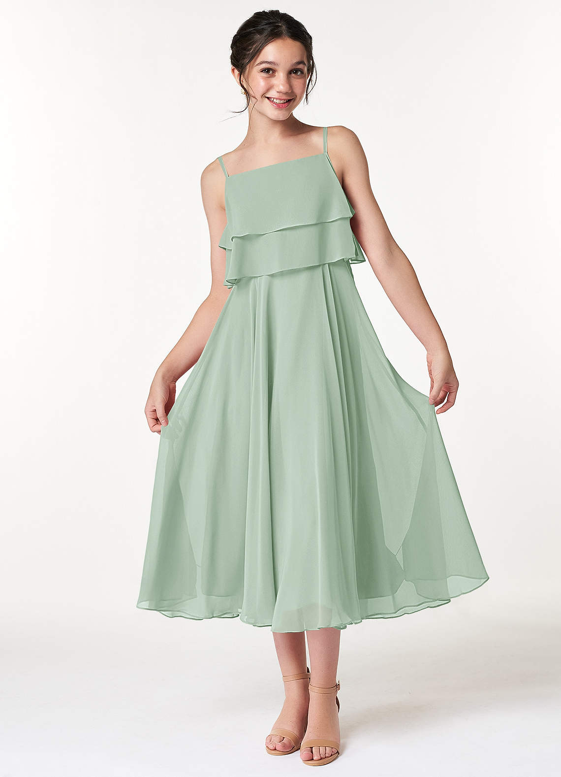 Azazie Ensley Junior Abito A-Line in Chiffon Plissettato Agave image1