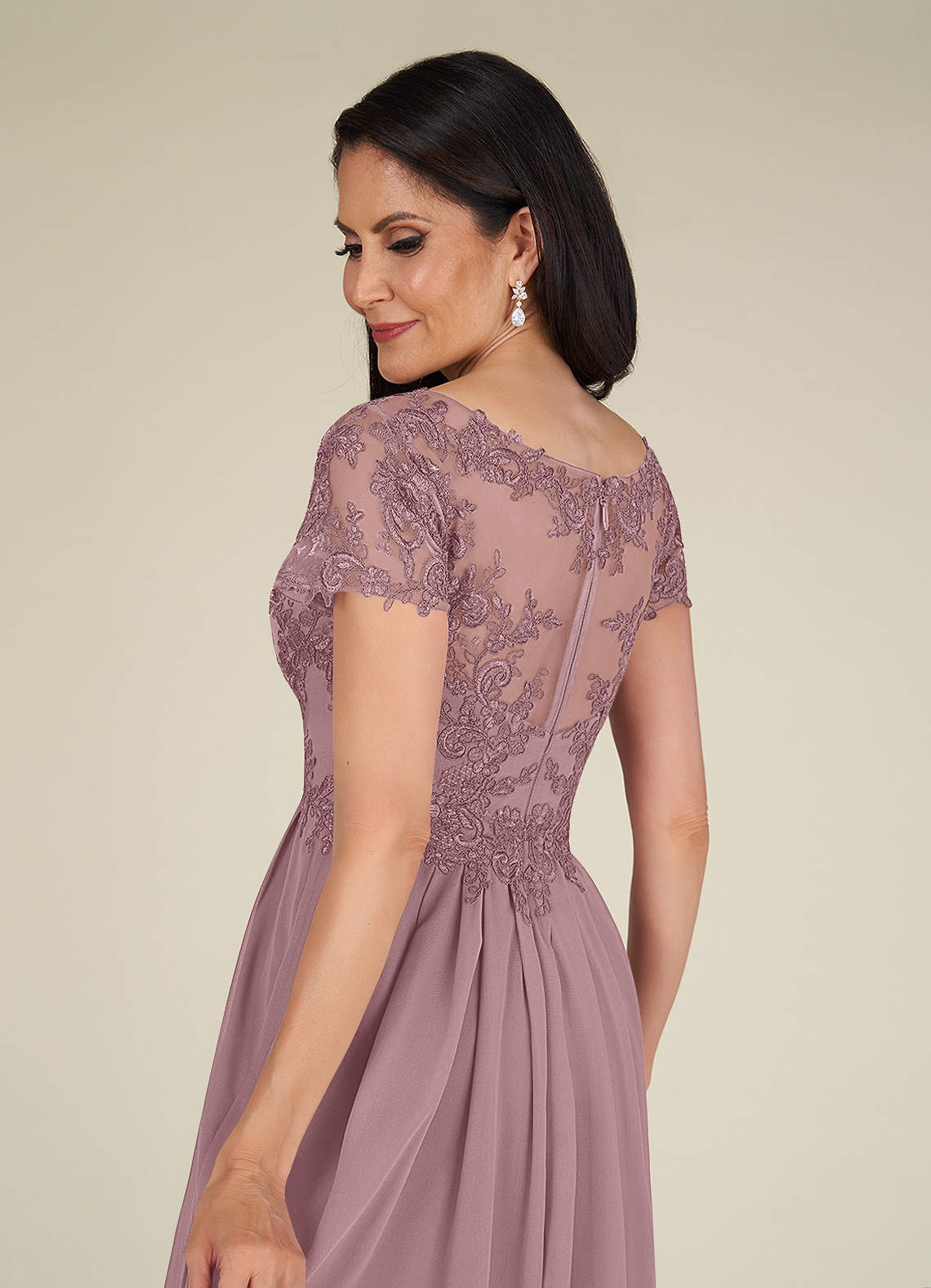 Dusty Rose A-Line V-Neck Lace Chiffon Dress
