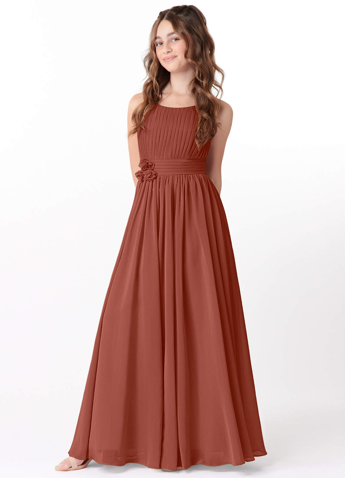 Azazie Astrid Junior Abito A-Line in Chiffon Floreale Auburn image1