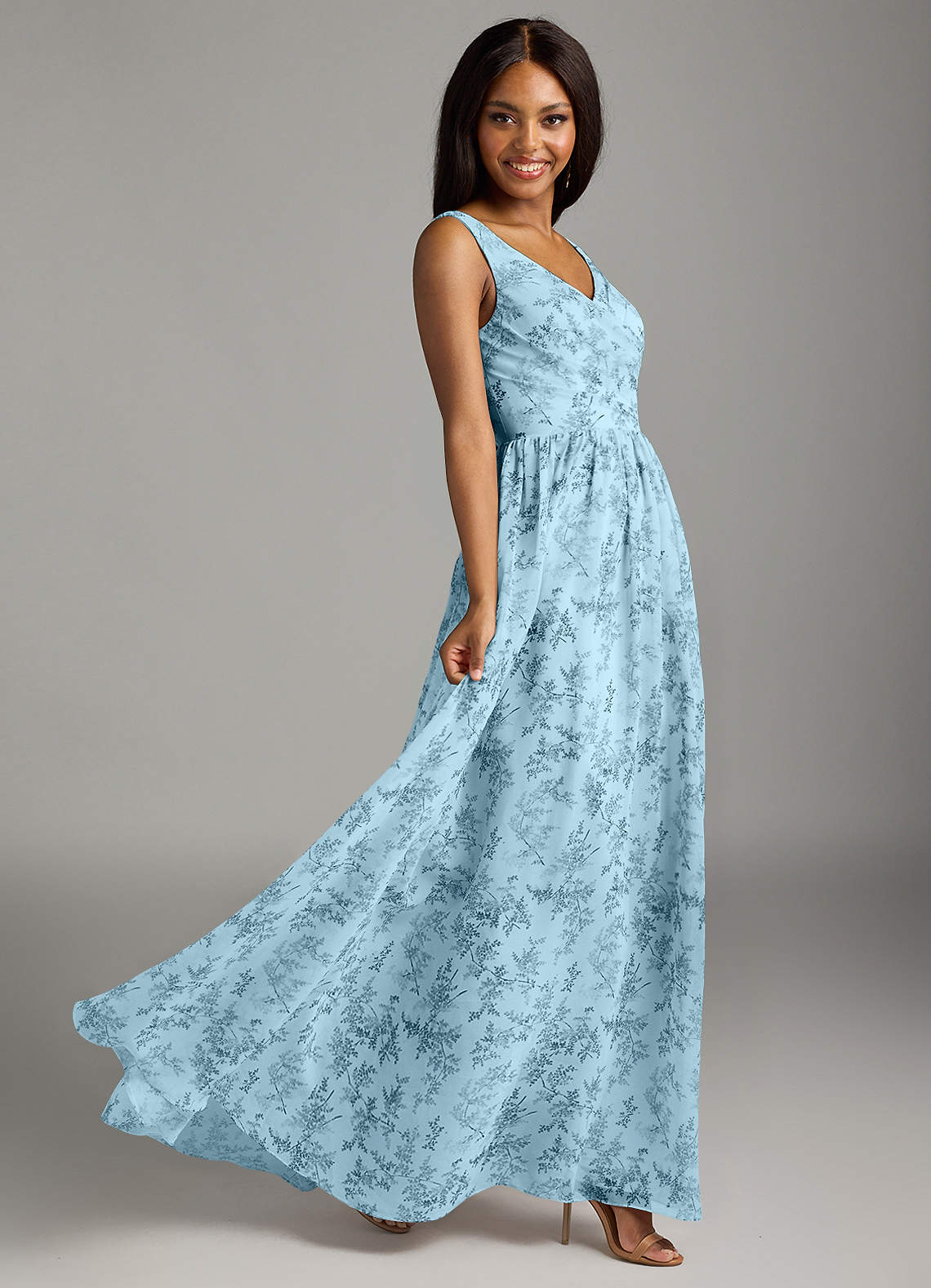 blue bohemian bridesmaid dress Blue Floral One Shoulder Chiffon Floor Length Bridesmaid Dresses main image 0