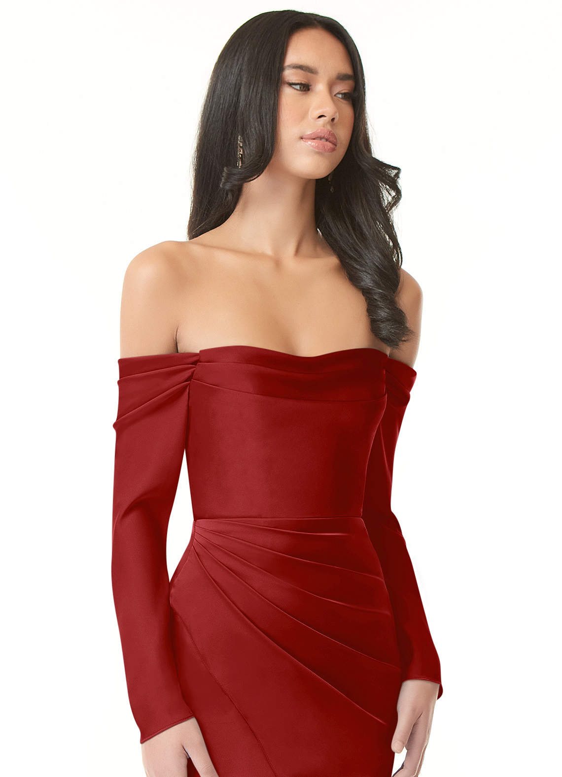 Azazie Hallie Bridesmaid Dresses Pomegranate Sheath Off-The-Shoulder Long Sleeve Stretch Satin Convertible Dress image1