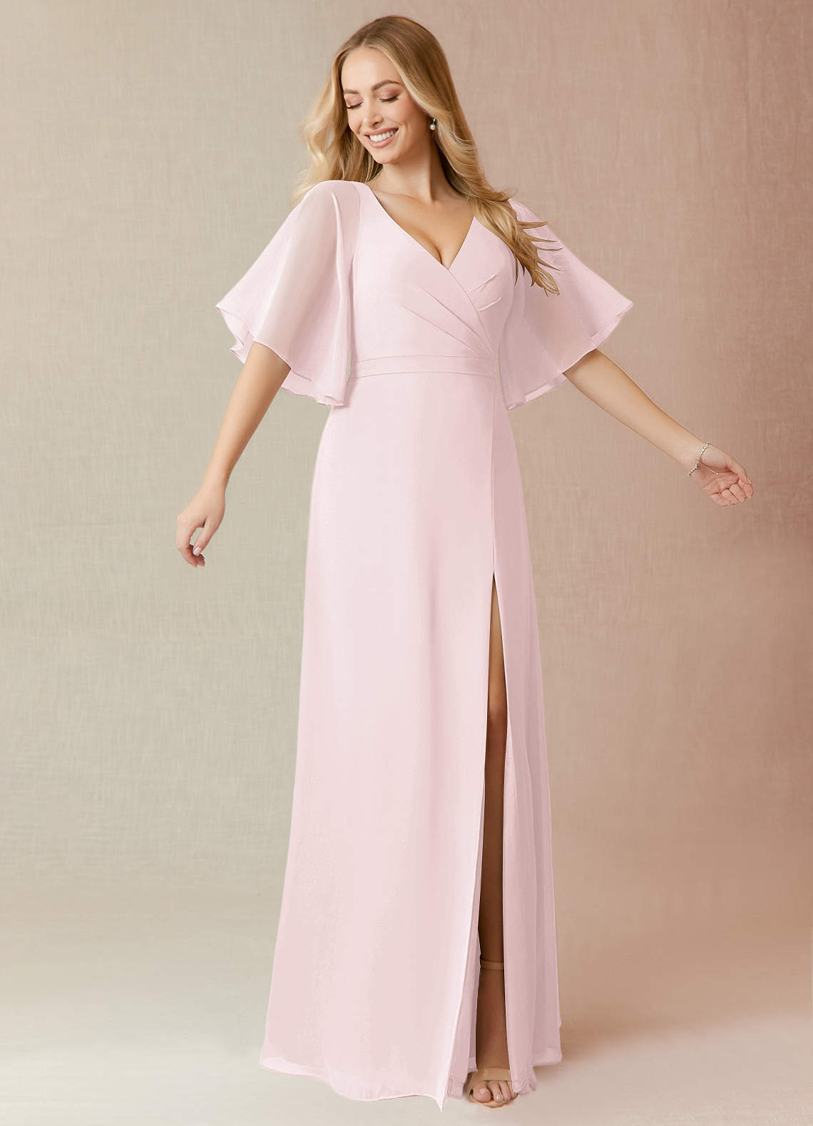 Azazie Cierra Bridesmaid Dresses Blushing Pink A-Line V-Neck Chiffon Dress image1