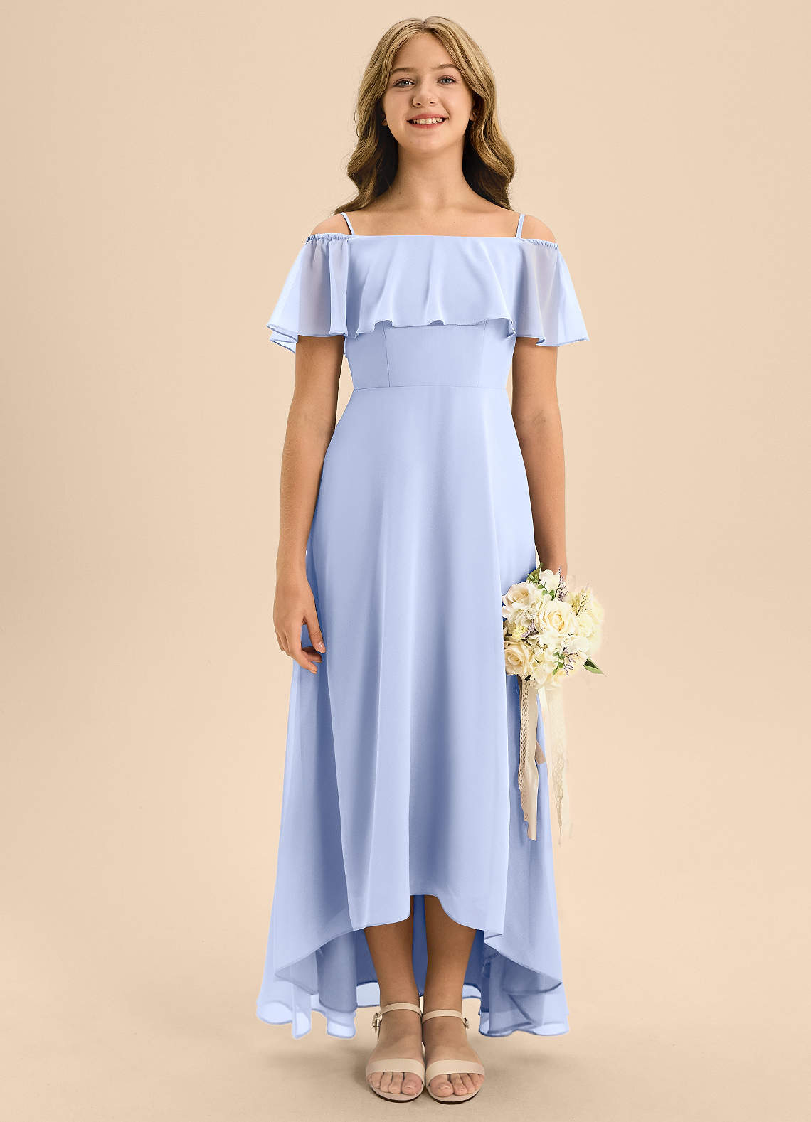 Azazie Maggie Junior A-Linie Schulterfrei Chiffon Kleid Eis image1