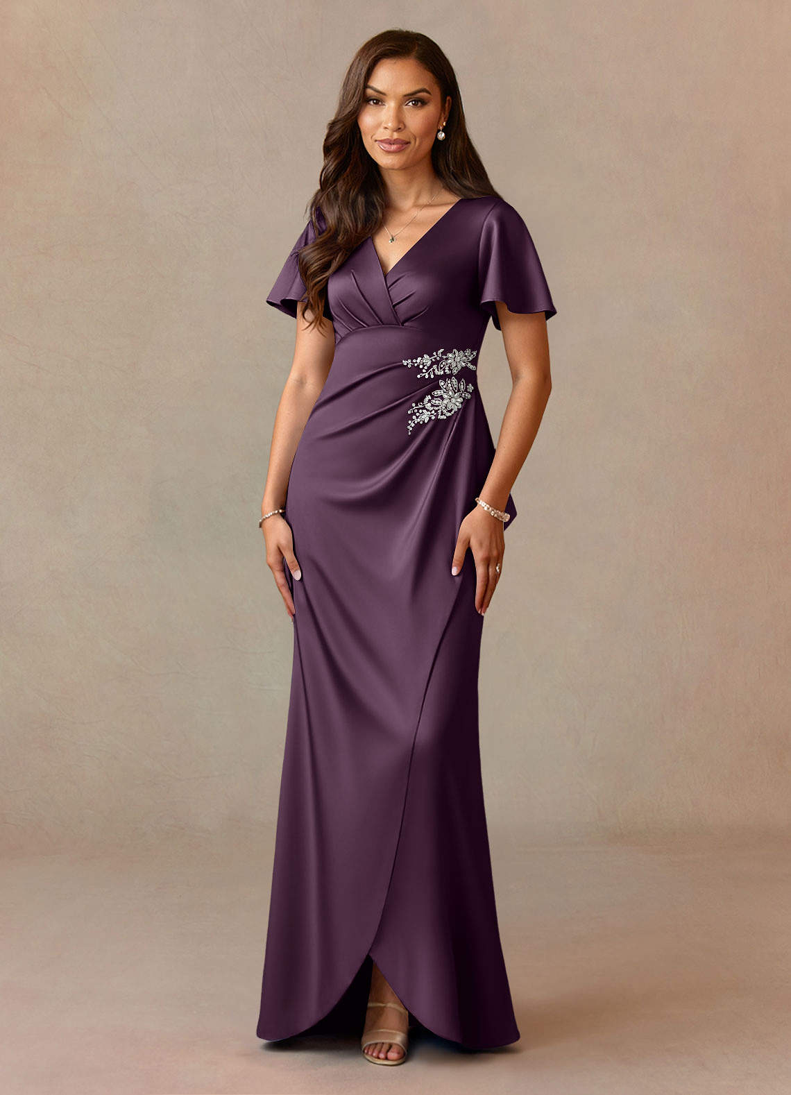 Azazie Robins Plum A-Line Pleated Stretch Satin Dress | Azazie DE
