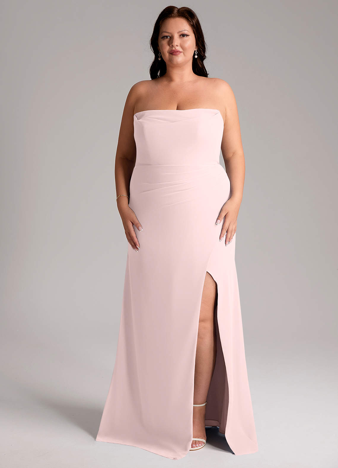 Azazie Leonis Vestidos de damas de honor Vestido de Rosa Rubor de Gasa de Corte Recto Convertible con Sin tirantes image10