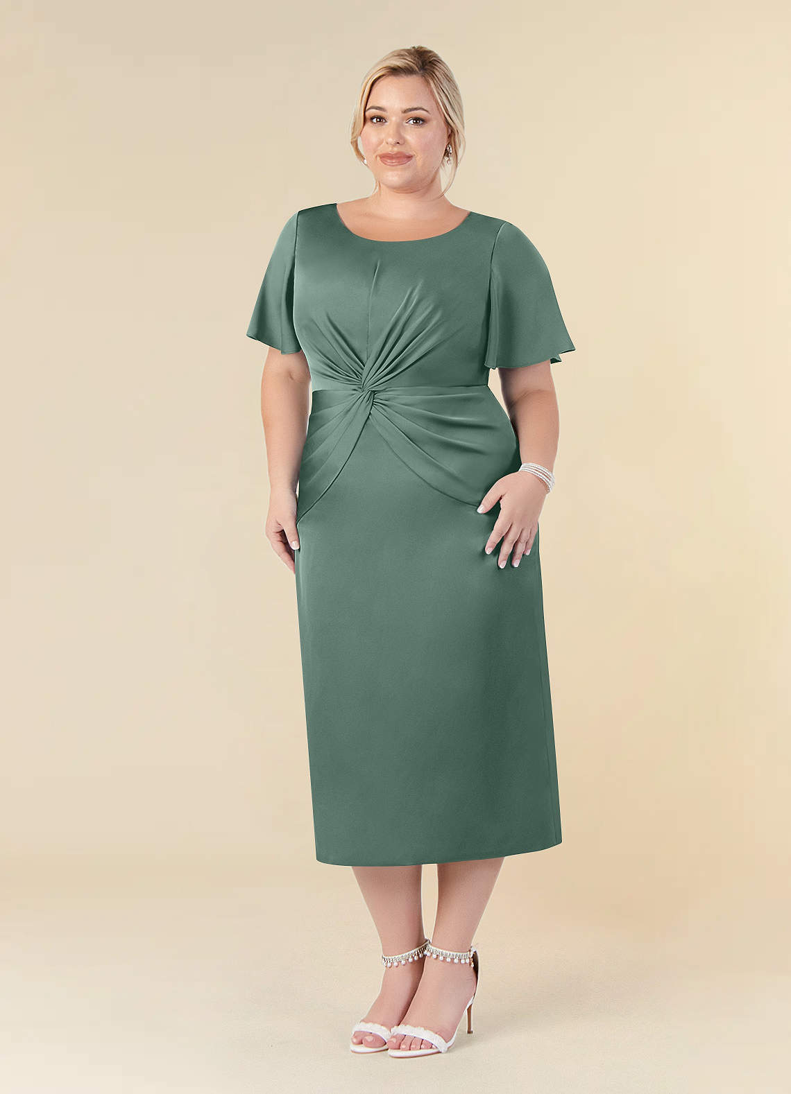 Azazie Everlyn Mother of the Bride Dresses Eucalyptus Sheath Pleated Stretch Satin Dress image6