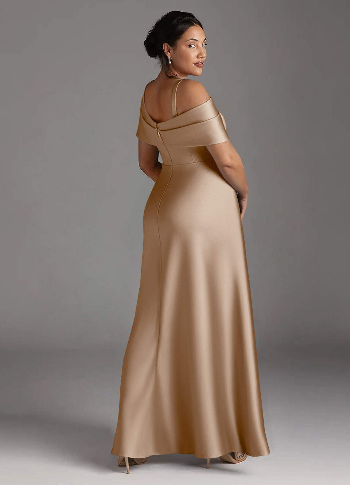 Azazie Milton Mother of the Bride Dresses Taupe A-Line Pleated Stretch Satin Dress image11