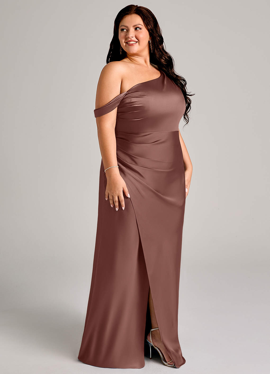 Azazie Madelyn Bridesmaid Dresses Espresso Mermaid One Shoulder Stretch Satin Convertible Dress image11
