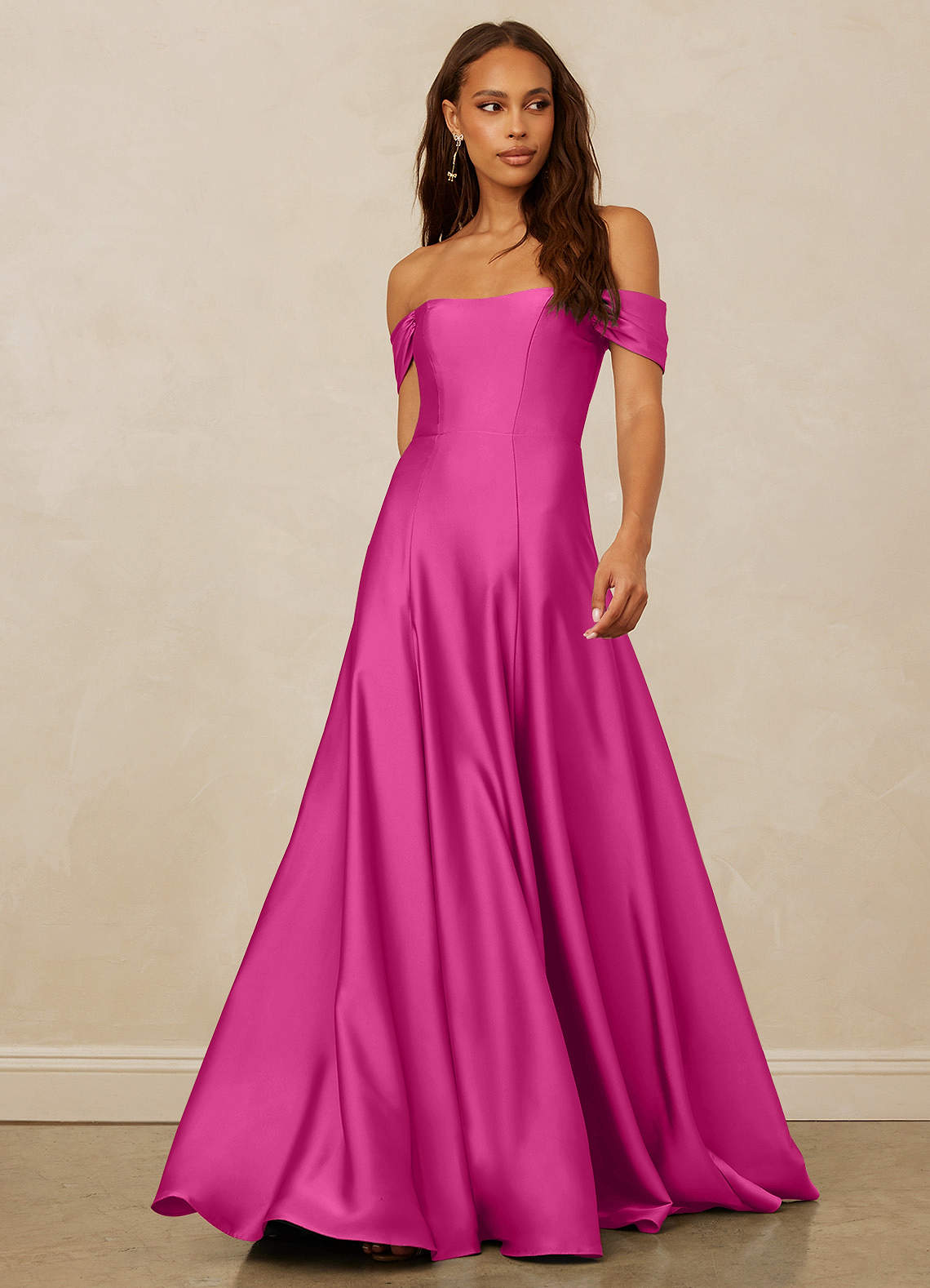 Christian Siriano Bridal for Azazie 1002 Bridesmaid Dresses Fuchsia A-Line Off the Shoulder Stretch Satin Convertible Dress image1