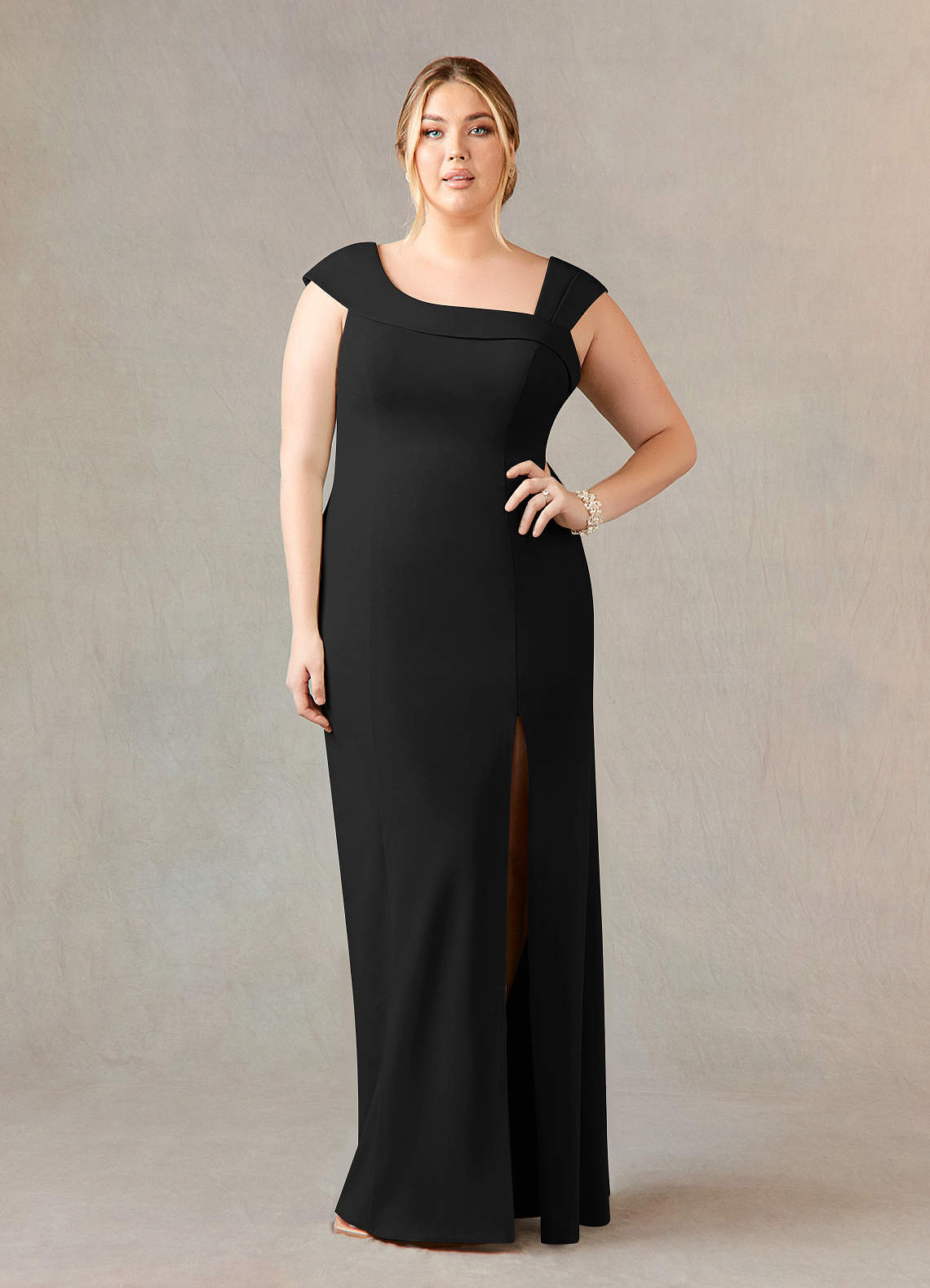 Azazie Ellen Black Sheath Side Slit Stretch Crepe Dress Ready to Ship |  Azazie