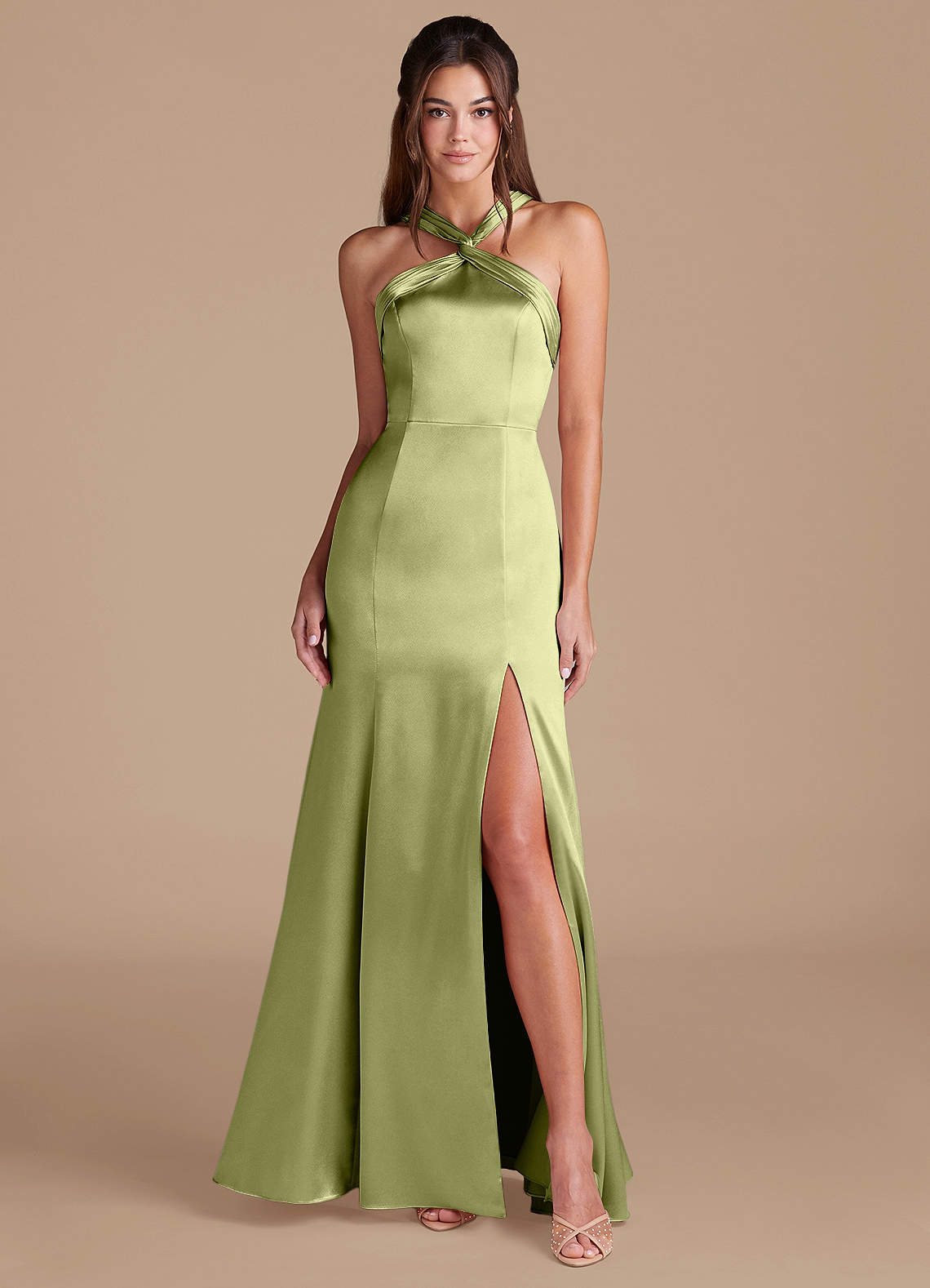 Azazie Rue Bridesmaid Dresses Pistachio Sheath Pleated Metallic Satin Dress image1