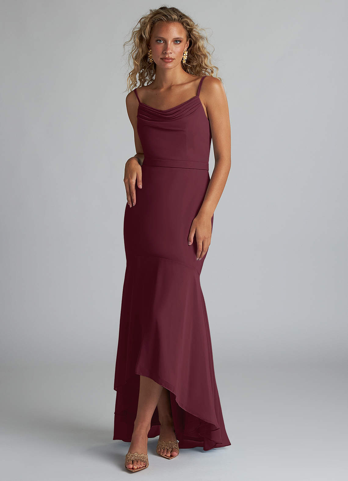Azazie Summer Bridesmaid Dresses Cabernet Mermaid Scoop Cowl Chiffon Dress image1