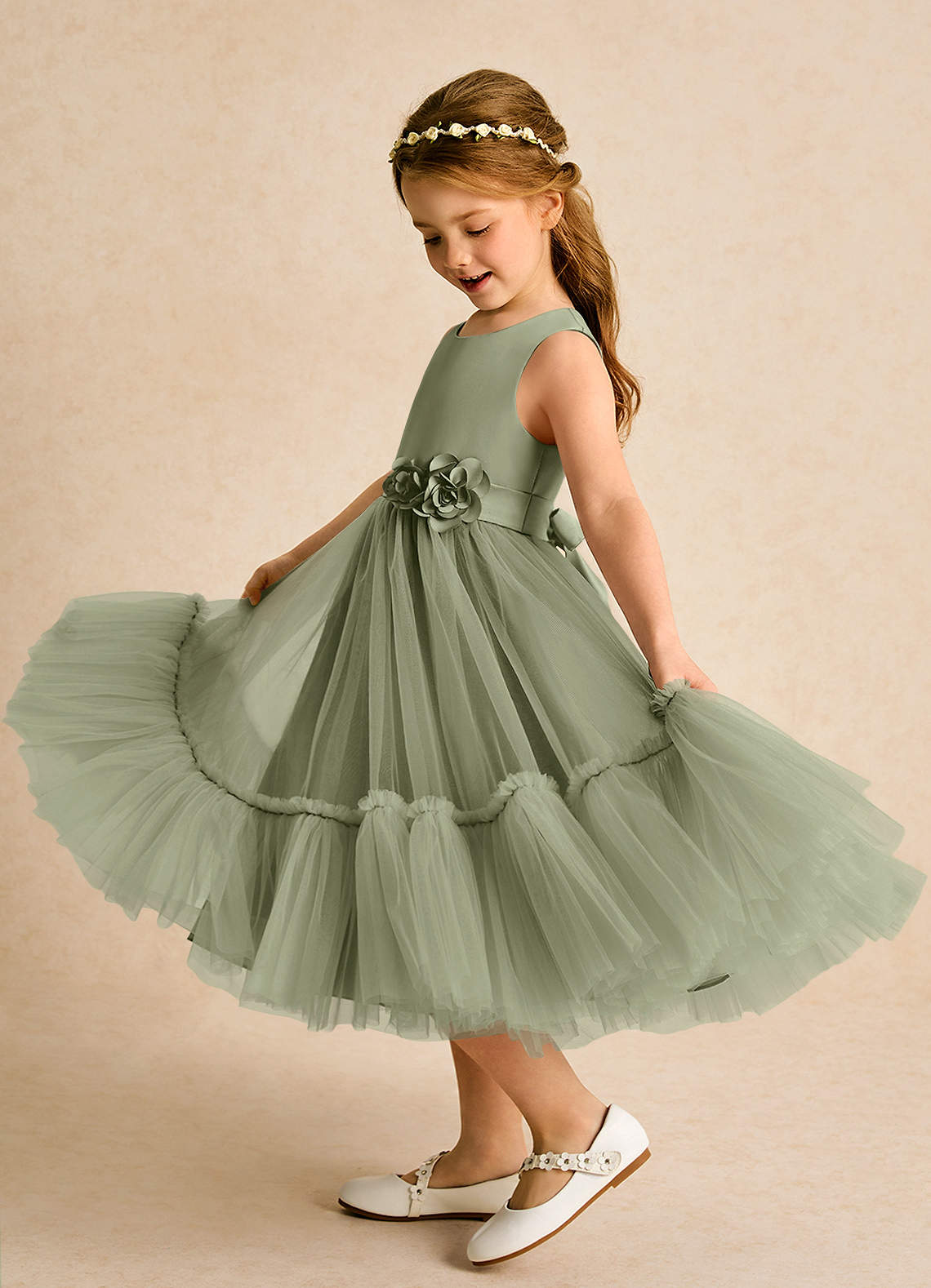 Azazie Miracle Blumenmädchenkleider A-Linie Schleifen Matte Satin Kleid Pistazie image1