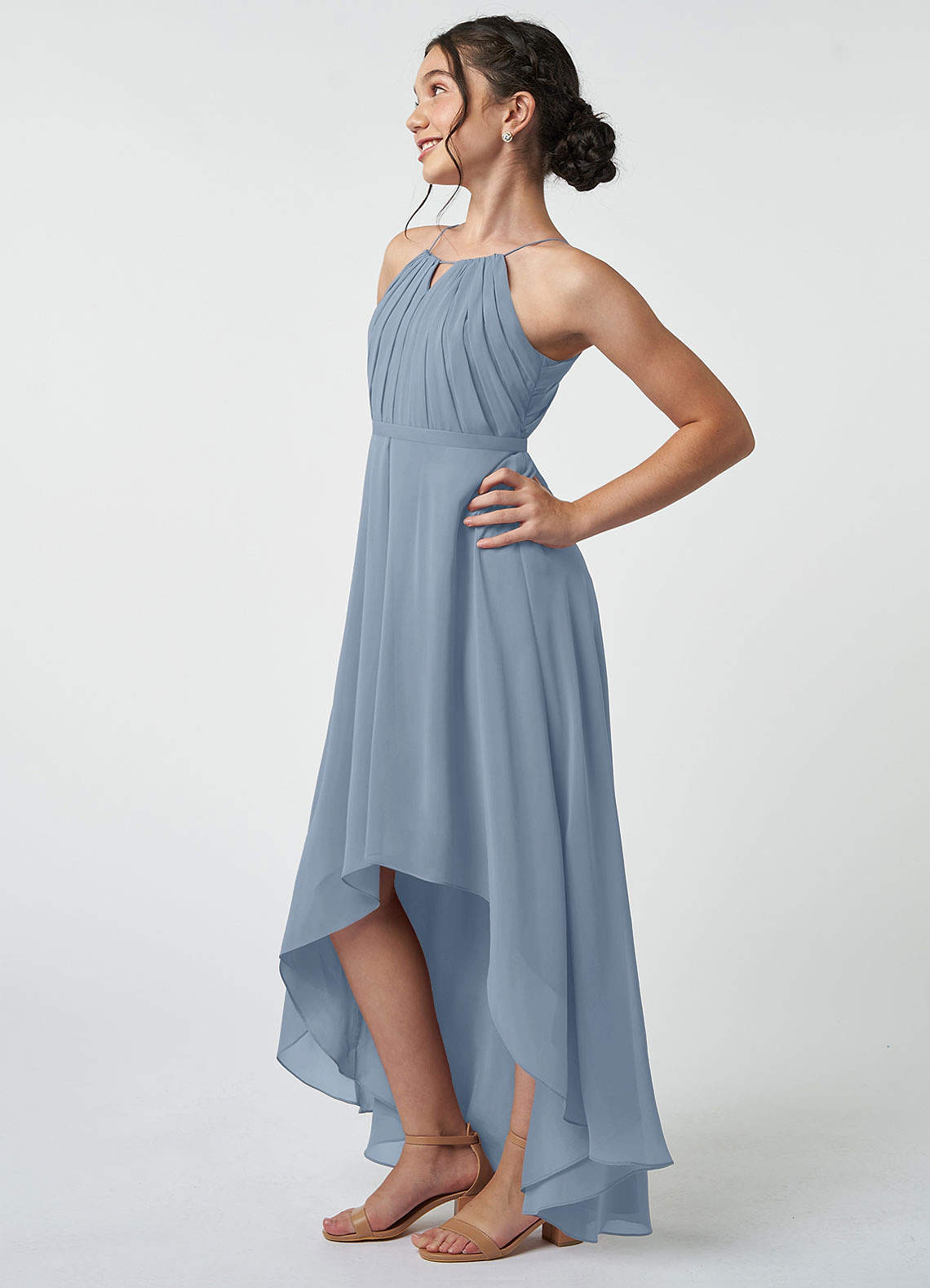 Azazie Oaklynn Junior Dusty Blue A-Line Pleated Chiffon Dress image3