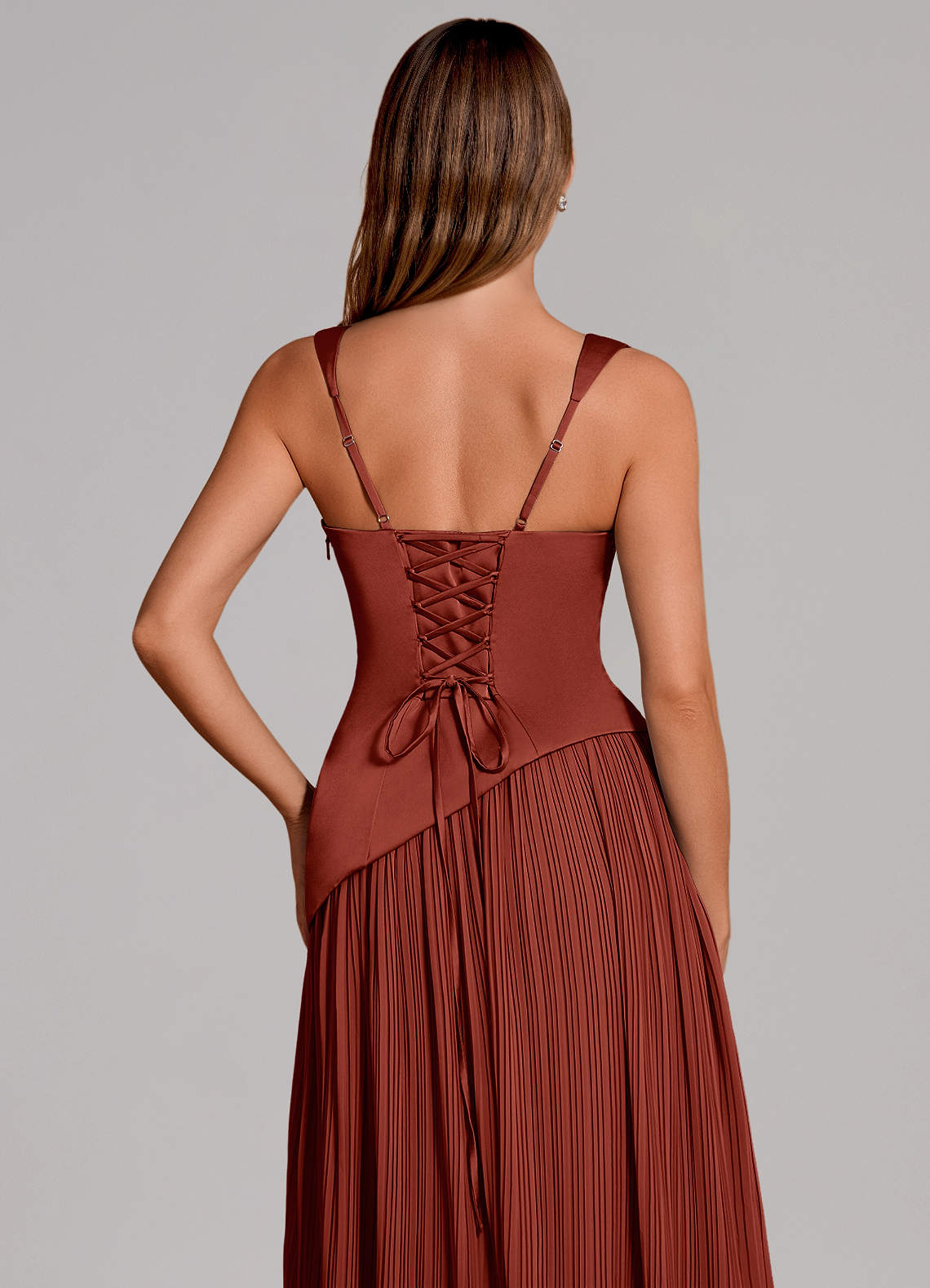Azazie Stephanie Vestidos de madrinha de casamento Vestido Terracota de Cetim elástico de Linha A com Plissado image1