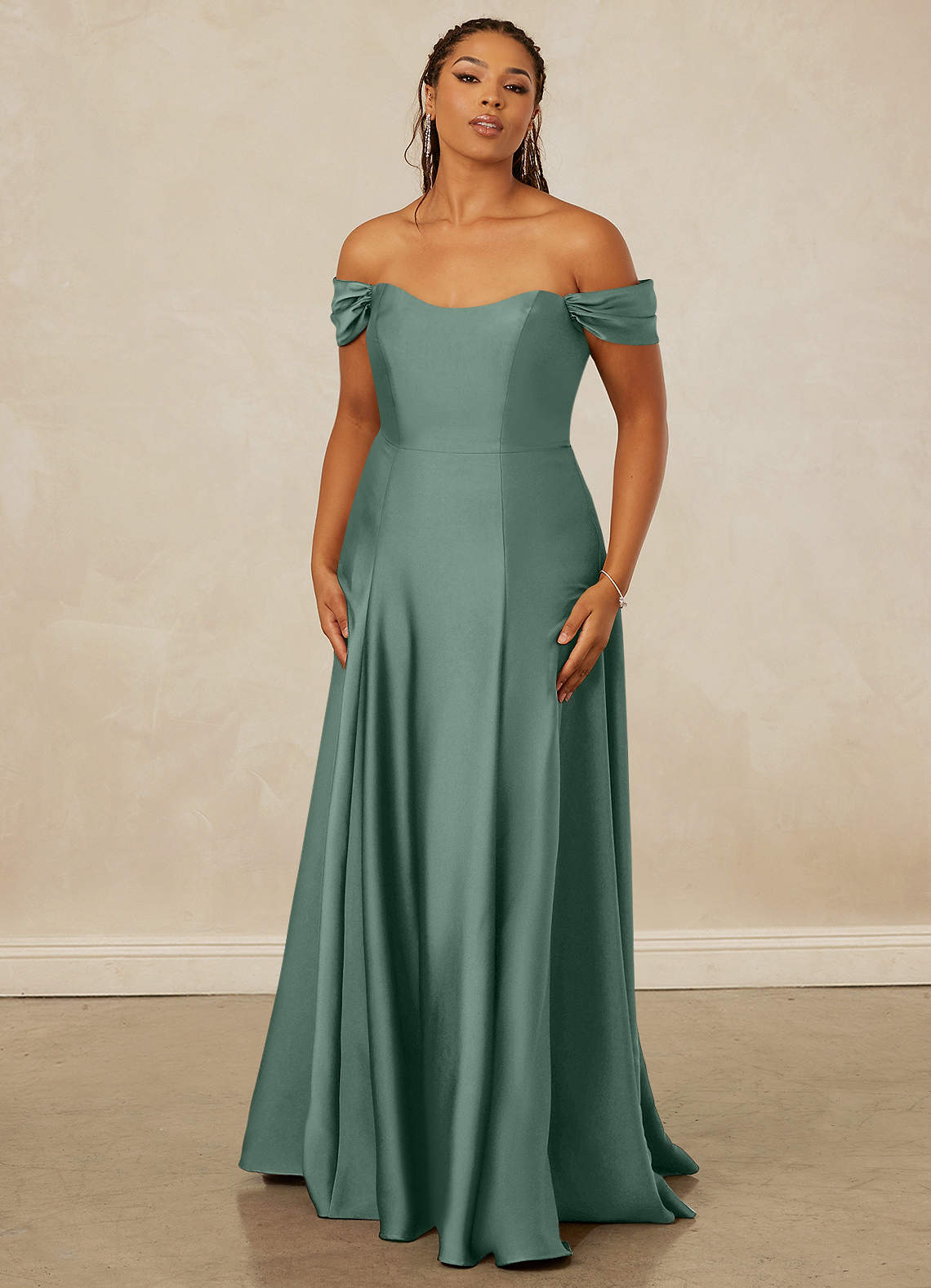 Christian Siriano Bridal for Azazie 1002 Bridesmaid Dresses Eucalyptus A-Line Off the Shoulder Stretch Satin Convertible Dress image1