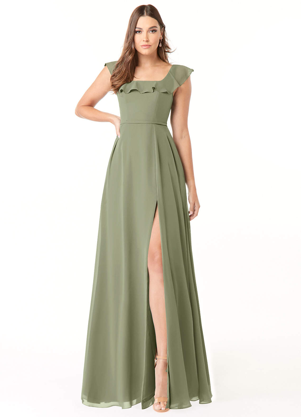 Azazie Jinny Brautjungfernkleider A-Linie Quadratischer Ausschnitt Gerüscht Chiffon Kleid Pistazie image1