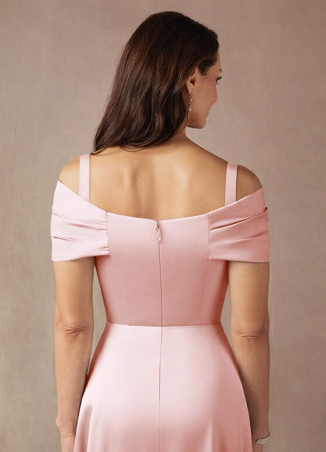 Azazie Amelia Mother of the Bride Dresses Blushing Pink A-Line Off the Shoulder Stretch Satin Dress image6