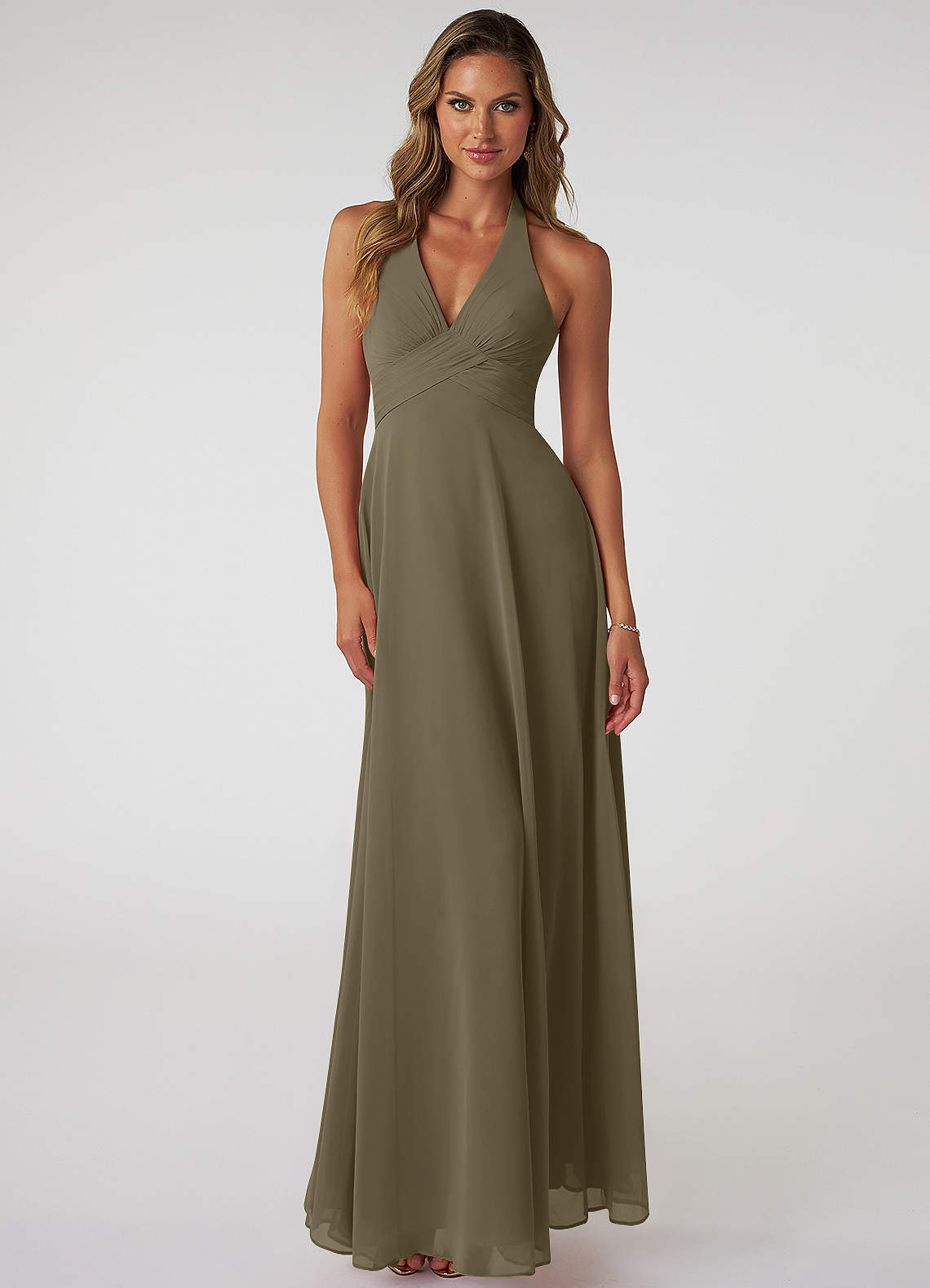 Azazie Tessie Bridesmaid Dresses Willow Green A-Line V-Neck Pleated Chiffon Dress image1