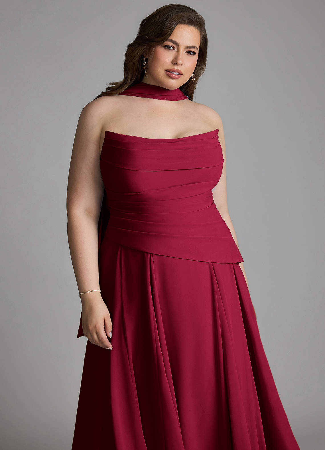 Azazie Gabriela At-home Try On Dresses Burgundy A-Line Corset Chiffon Dress image20