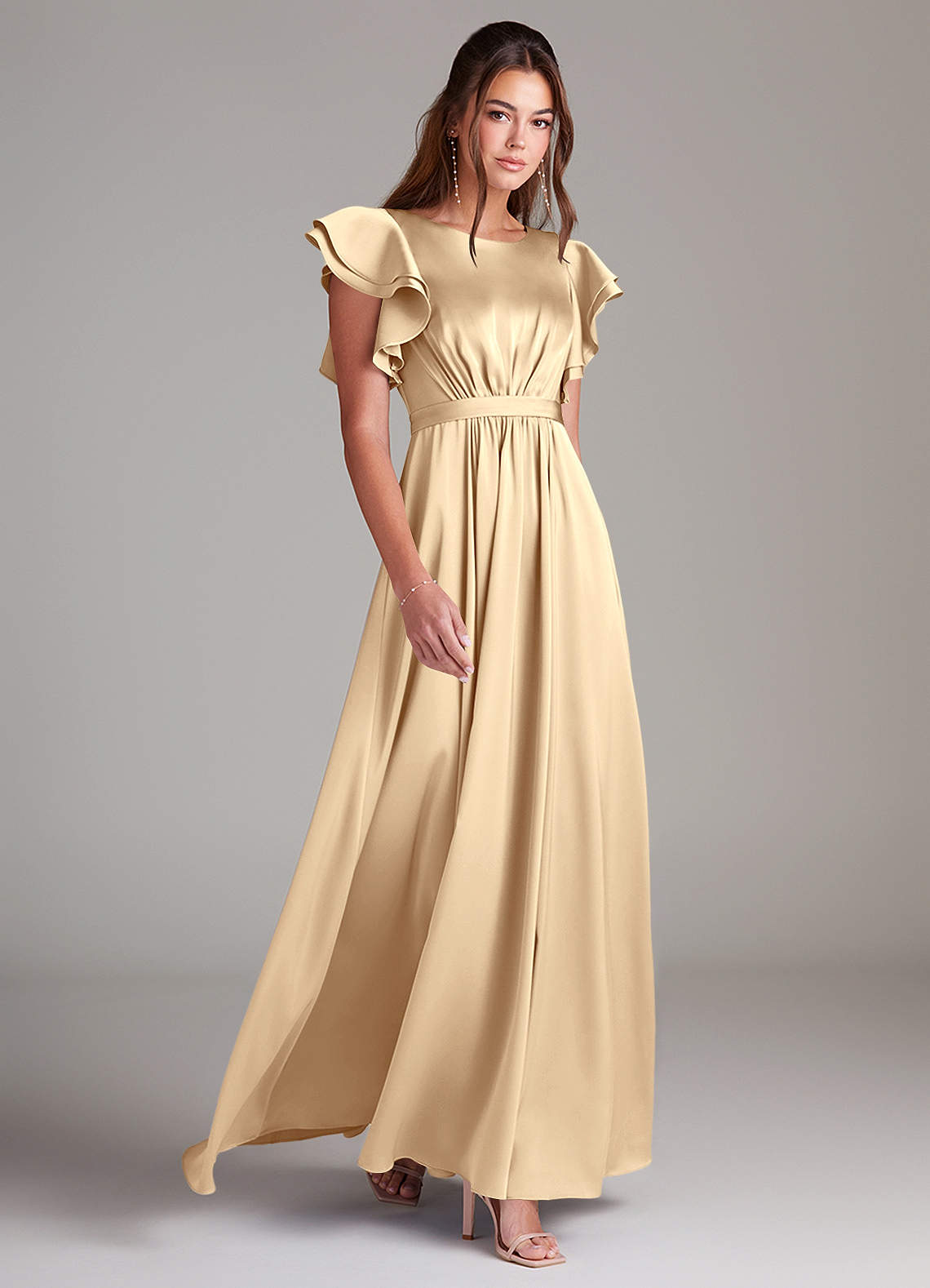 Azazie Daphne At-home Try On Dresses A-Line Ruched Stretch Satin Floor-Length Dress image2