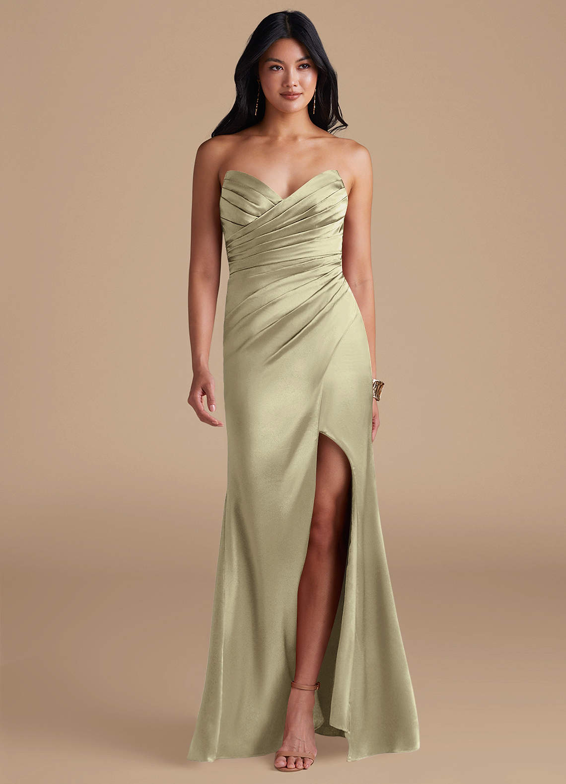 Azazie Yola Bridesmaid Dresses Moss Green Sheath Pleated Metallic Satin Dress image1