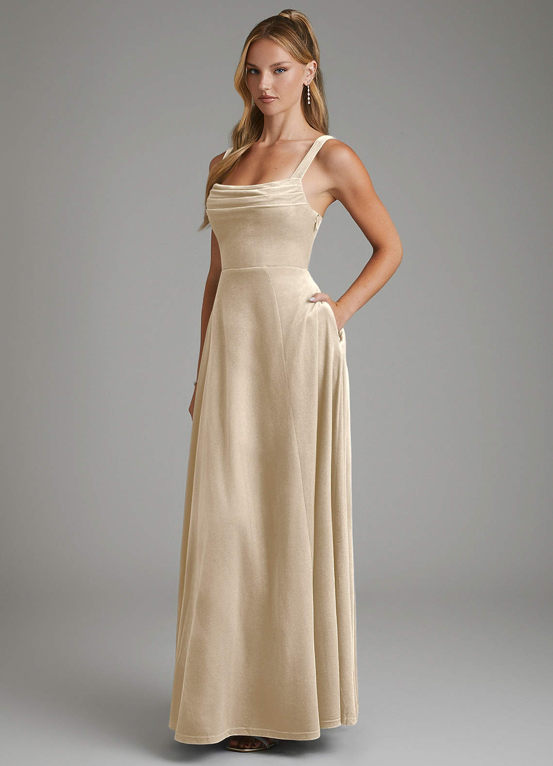 velvet champagne bridesmaid dress Azazie A-Line Square Neck Floor-Length Dresses Champagne satin bridesmaid Color::#31-Chartreuse old school Kim Kardashian channels Morticia Junior Models Size
