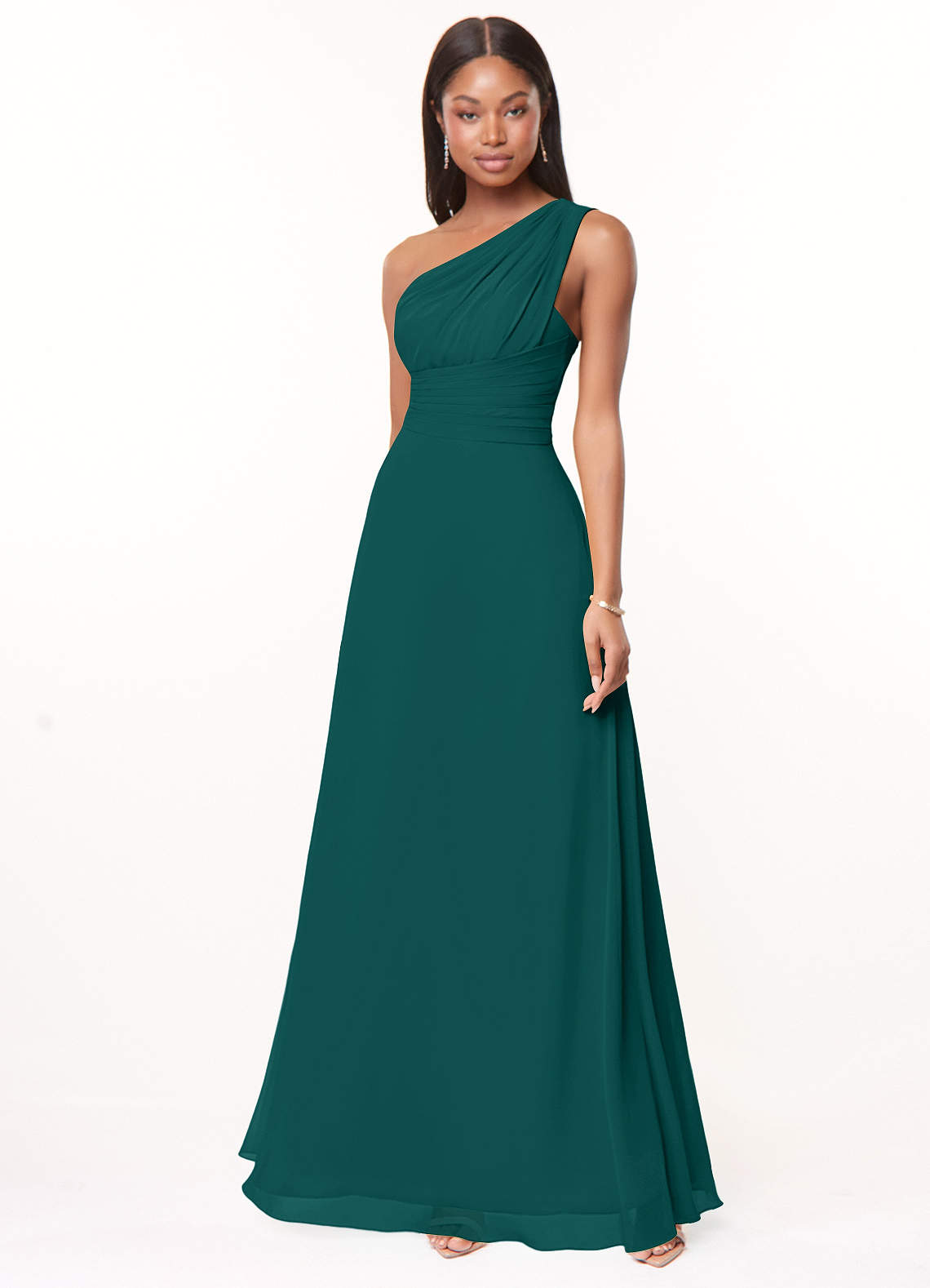 Azazie Ashley Bridesmaid Dresses Peacock A-Line Ruched Chiffon Dress image1