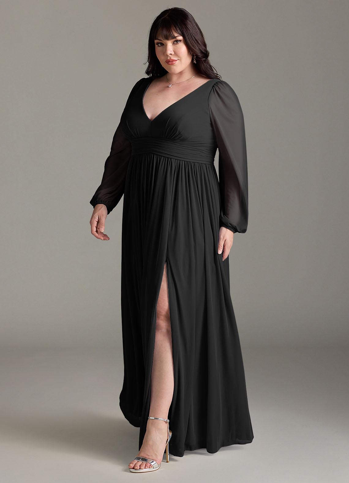 Azazie Norah At-home Try On Dresses Black A-Line V-Neck Long Sleeve Chiffon Dress image10