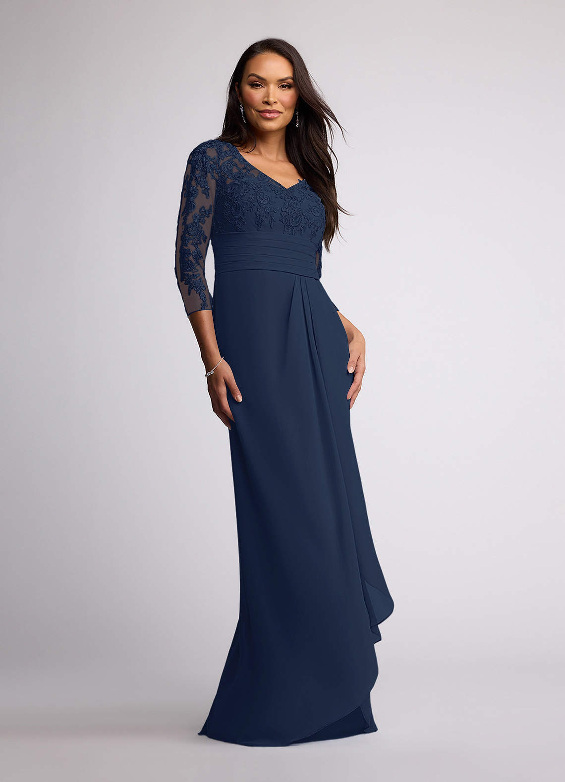Azazie Joan Dark Navy Sheath V-Neck Lace Chiffon Dress | Azazie