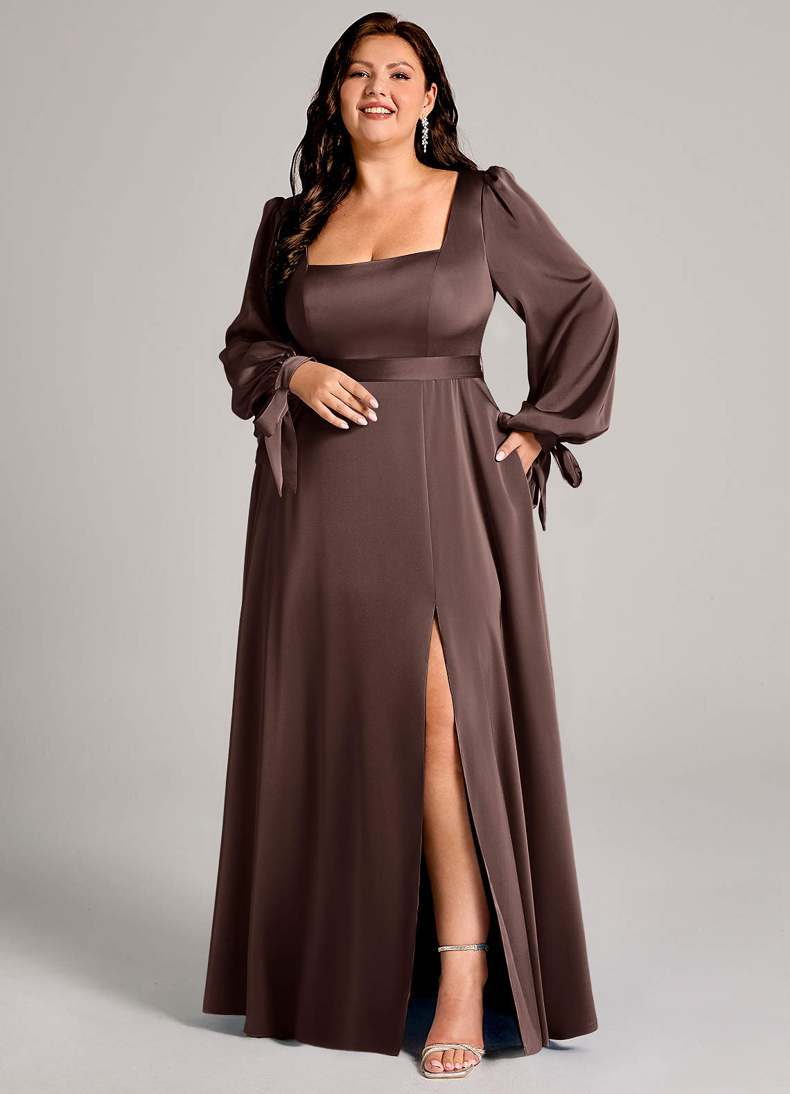 Azazie Leonia Bridesmaid Dresses Ganache A-Line Long Sleeve Stretch Satin Dress image1