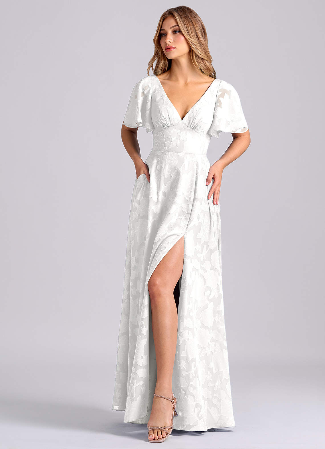 Azazie Kimber Bridesmaid Dresses White A-Line with Pockets Floral Burnout Dress image5