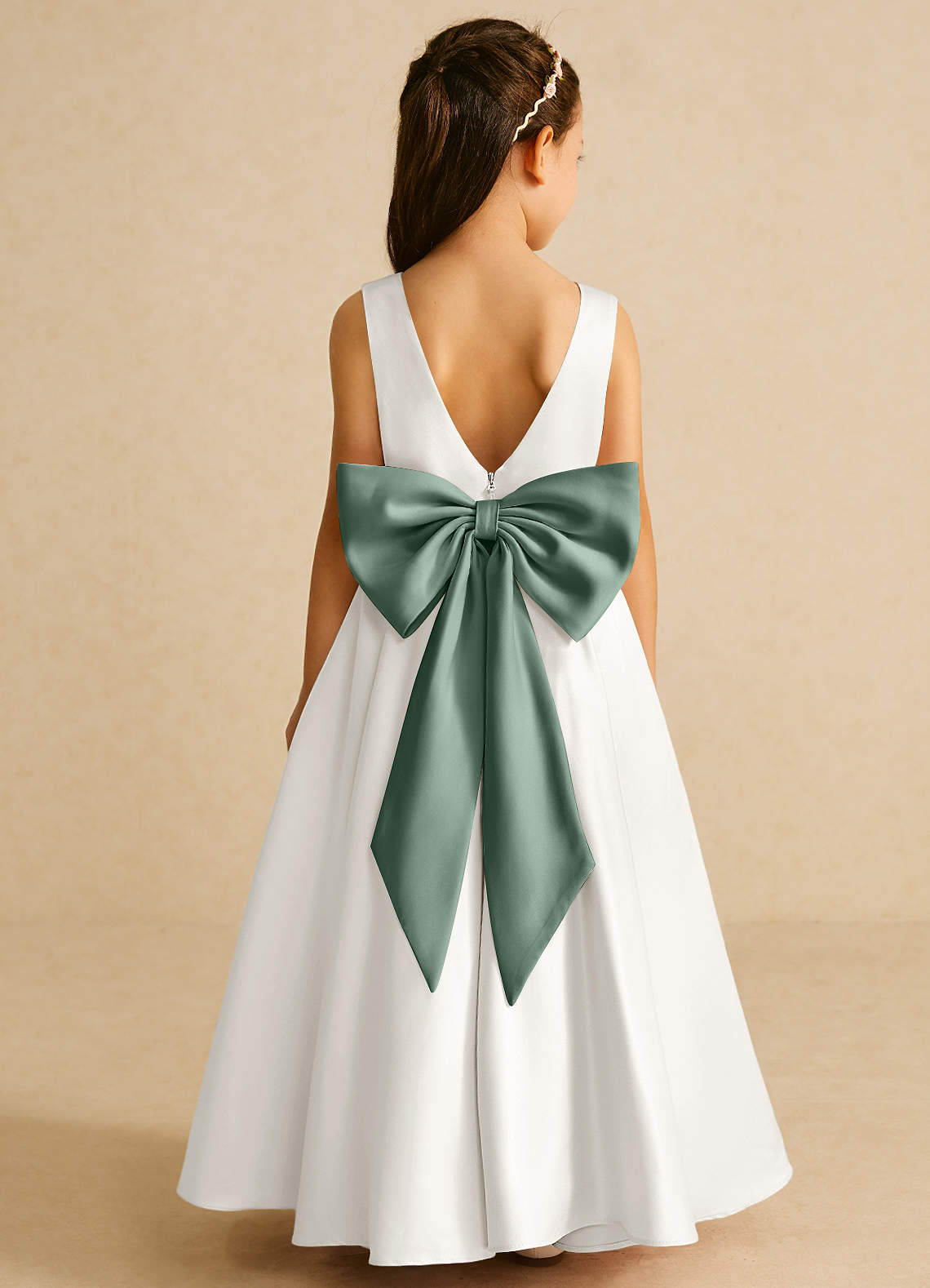 Azazie Pipsy Flower Girl Dresses Ivory Eucalyptus A-Line Bow Matte Satin Dress image1
