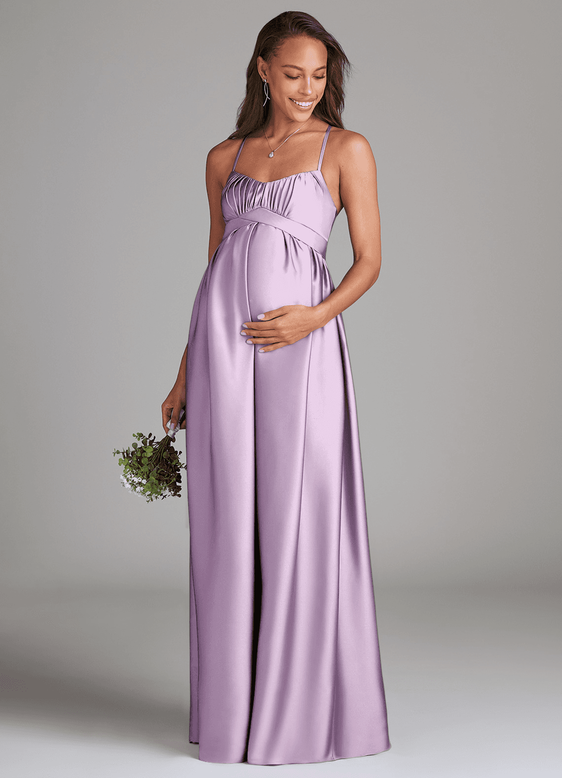 Azazie Llana Gravid brudtärna klänningar Klänning A-Linje med fickor Golvlängd Stretch Satin image1