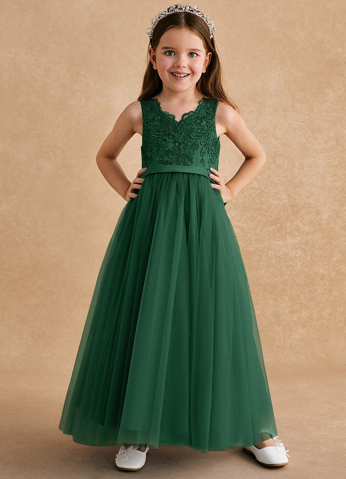 Azazie Cinna Flower Girl Dresses Dark Green A-Line Lace Tulle Dress image1