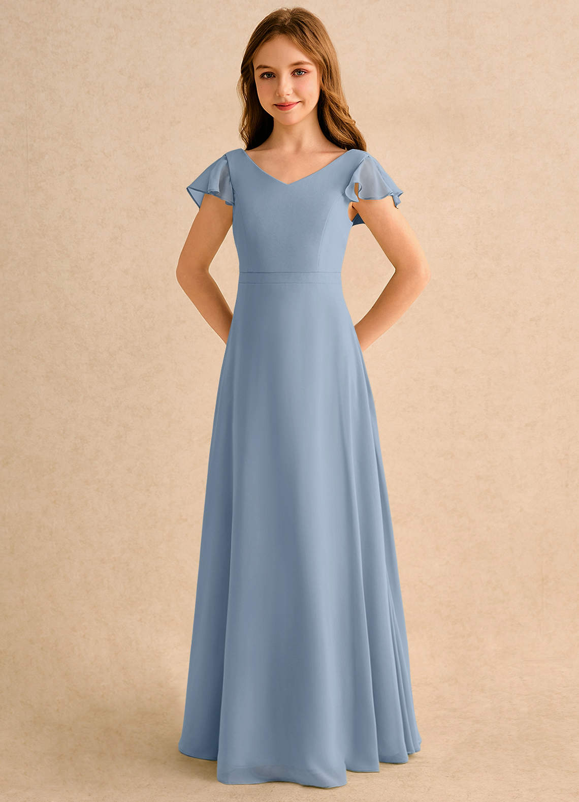Azazie Nari Girls Formal Kukkatyttöjen mekot A-linja hihallinen Sifonki Lattian pituus Mekko image5