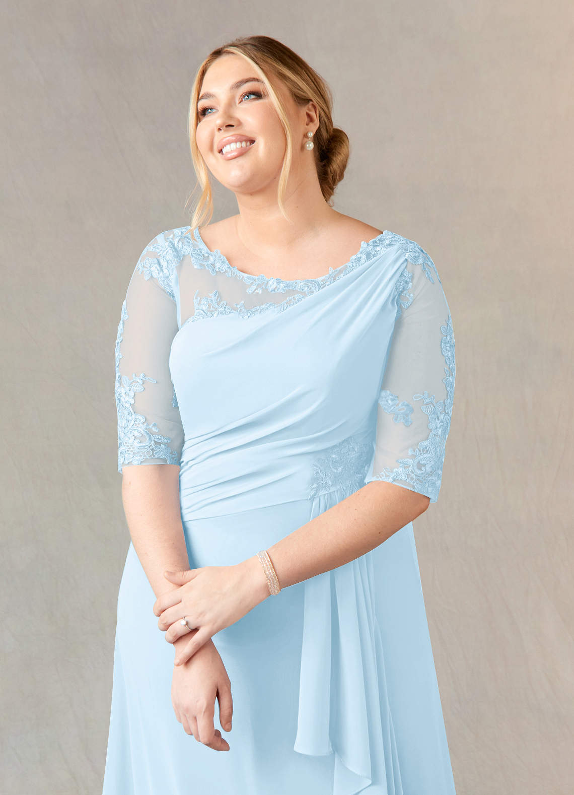 Azazie Dionysus Mother of the Bride Dresses Sky Blue A-Line Boatneck Lace Chiffon Dress image9
