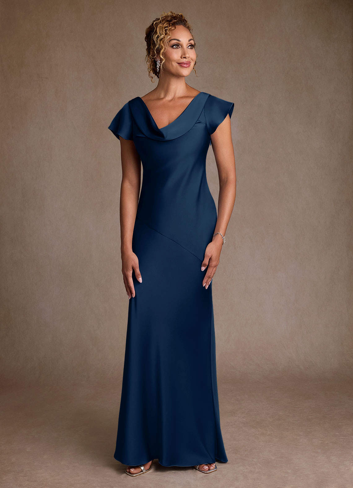 Azazie Shelby Mother of the Bride Dresses Dark Navy Mermaid Pleated Stretch Satin Dress image1