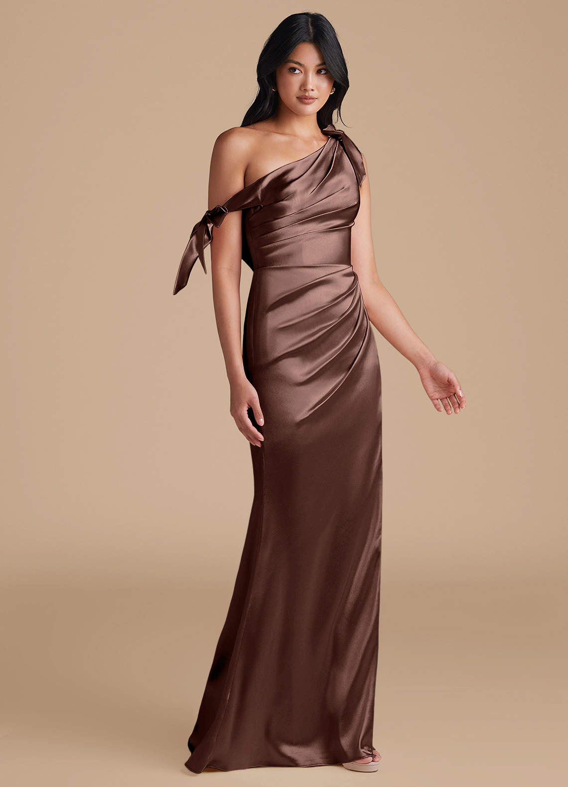 Azazie Xyla At-home Try On Dresses Auburn Sheath Off the Shoulder Metallic Satin Convertible Dress image6